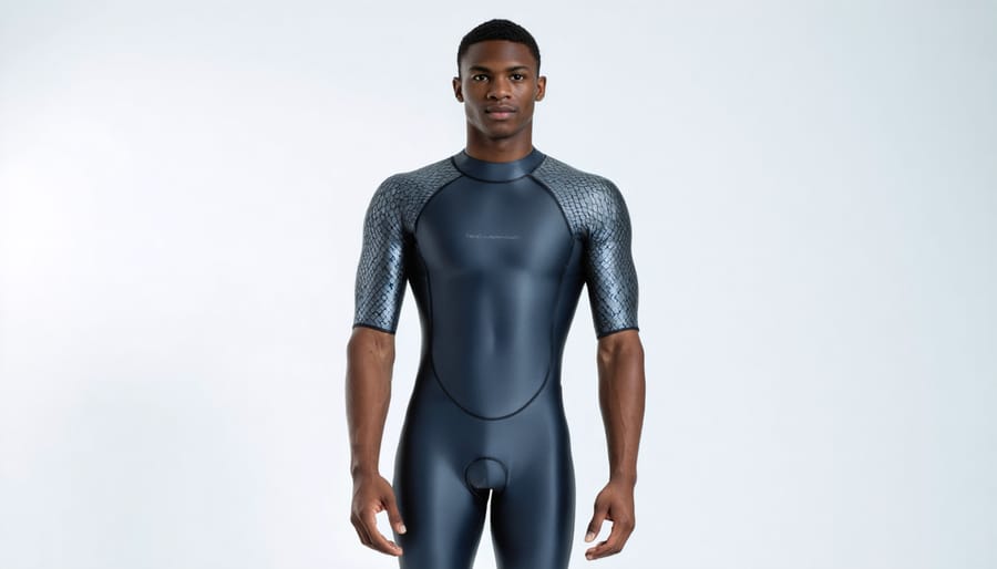 Swimmer wearing a sharkskin-inspired swimsuit designed for optimal hydrodynamics