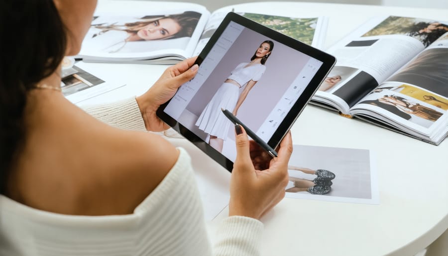 Woman taking an online style quiz for a fashion subscription service with fashion inspiration materials nearby