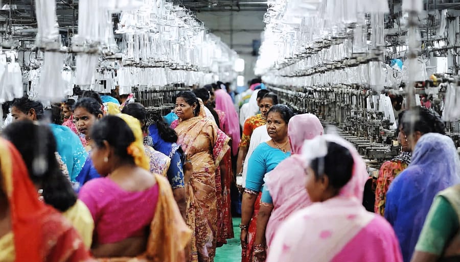 Garment workers in an overcrowded factory with inadequate working conditions