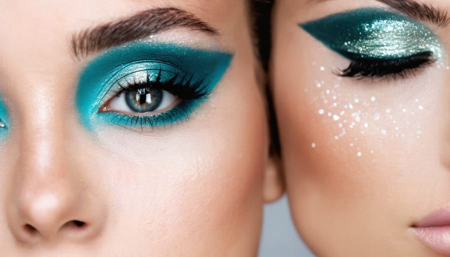 Bold eye makeup featuring teal eyeliner and shimmery smoky eyeshadow