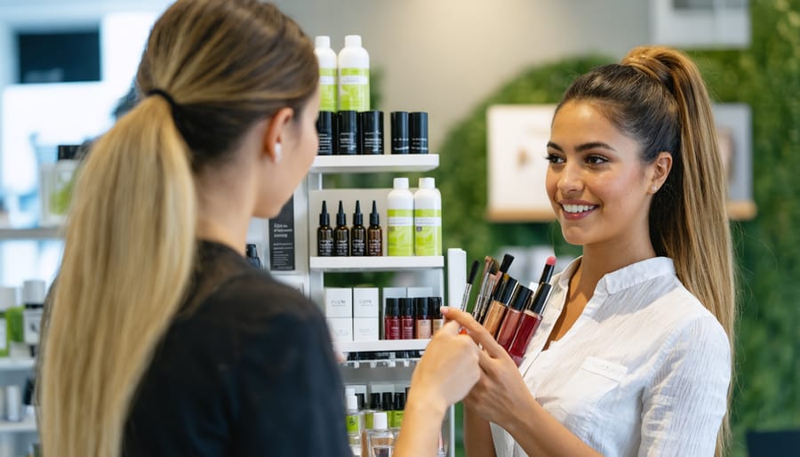 An Ulta associate providing education and recommendations on conscious beauty to a shopper