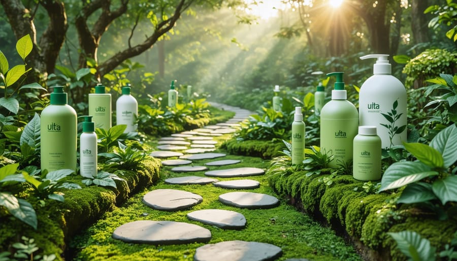 A serene path created from sustainable materials, adorned with Ulta Beauty products in eco-friendly packaging, winding through green landscape, symbolizing the journey towards sustainable beauty.