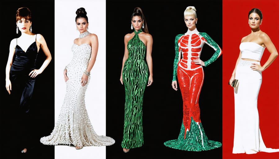 A collage of iconic celebrity fashion moments, including Audrey Hepburn in her little black dress, Jennifer Lopez in her jungle print Versace gown, and Lady Gaga in her meat dress, representing moments that defined an era in fashion.