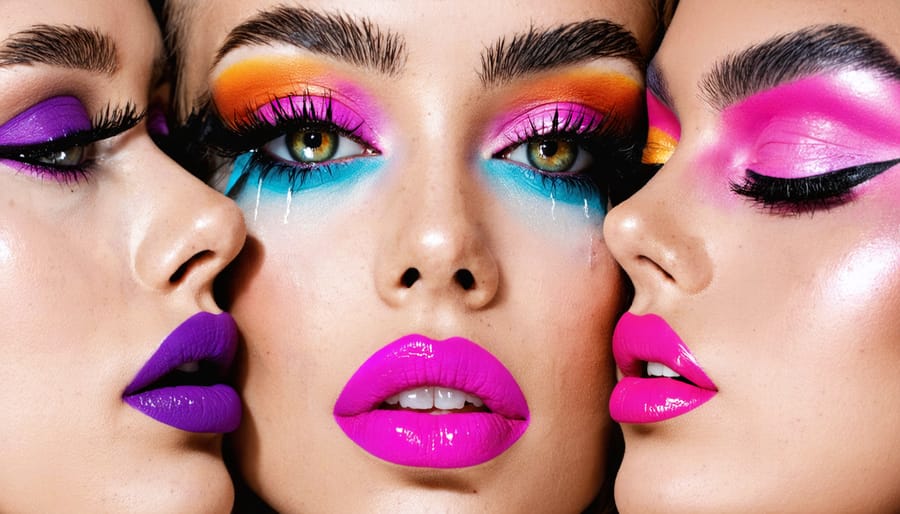 A collection of fierce and bold makeup looks spotlighting striking lip colors, intricate eyeliners, and dazzling highlights, expressing individuality and confidence.