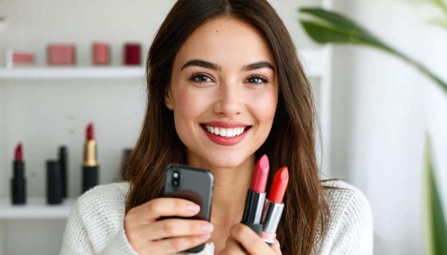 Woman using virtual try-on technology to test lipstick colors