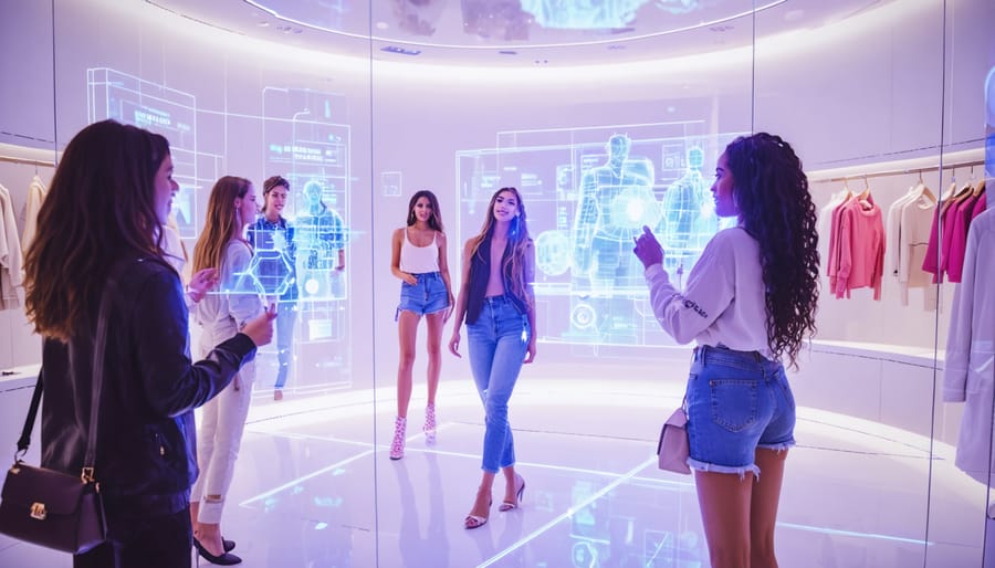 A diverse group of individuals in a high-tech digital fitting room using virtual try-on technology to explore different fashion and beauty styles with holographic displays.