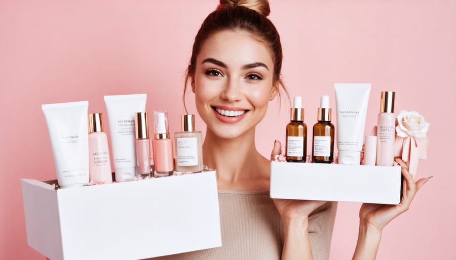 Happy woman excitedly examining the products from her beauty subscription box