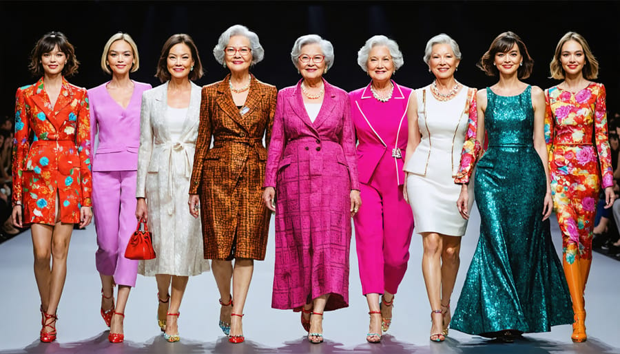 A dynamic fashion show runway with models of different ages confidently showcasing a mix of contemporary and vintage styles, celebrating ageless fashion diversity.