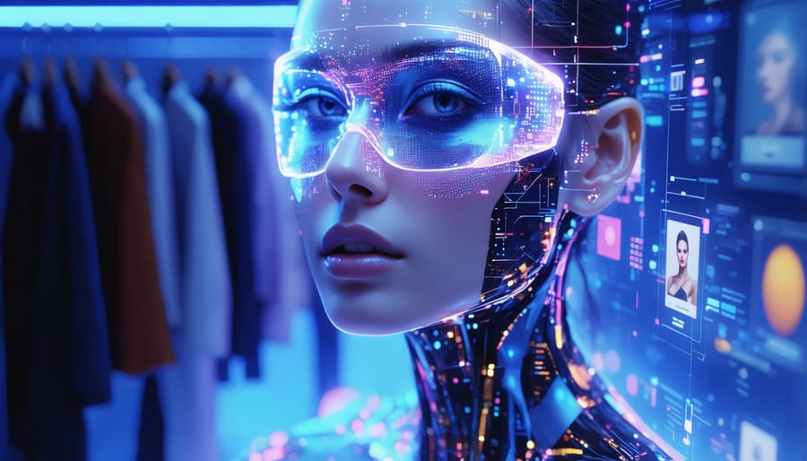 A conceptual image depicting AI technology revolutionizing personal style with a digital wardrobe and virtual beauty applications, demonstrating personalized fashion and beauty enhancements.