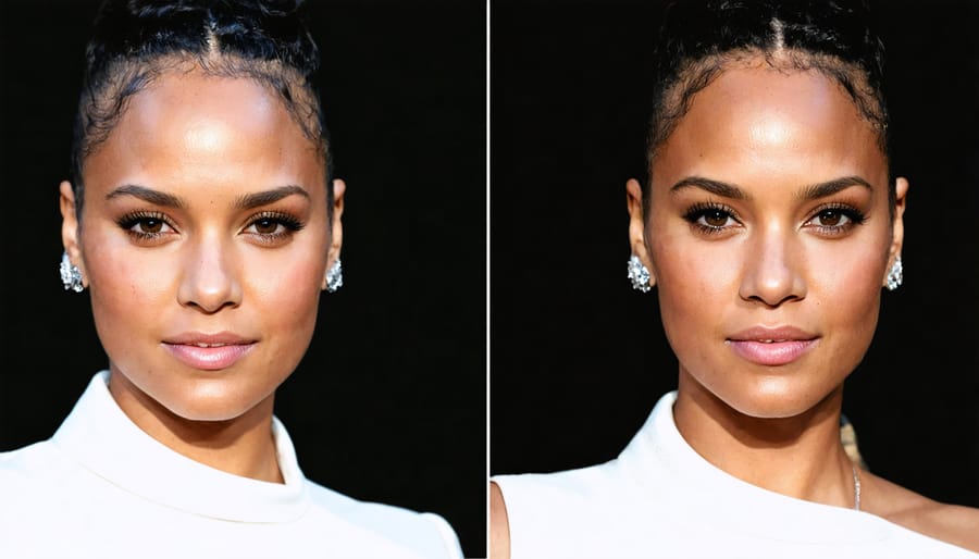 Alicia Keys showing her natural beauty transformation, comparing glamorous and makeup-free appearances