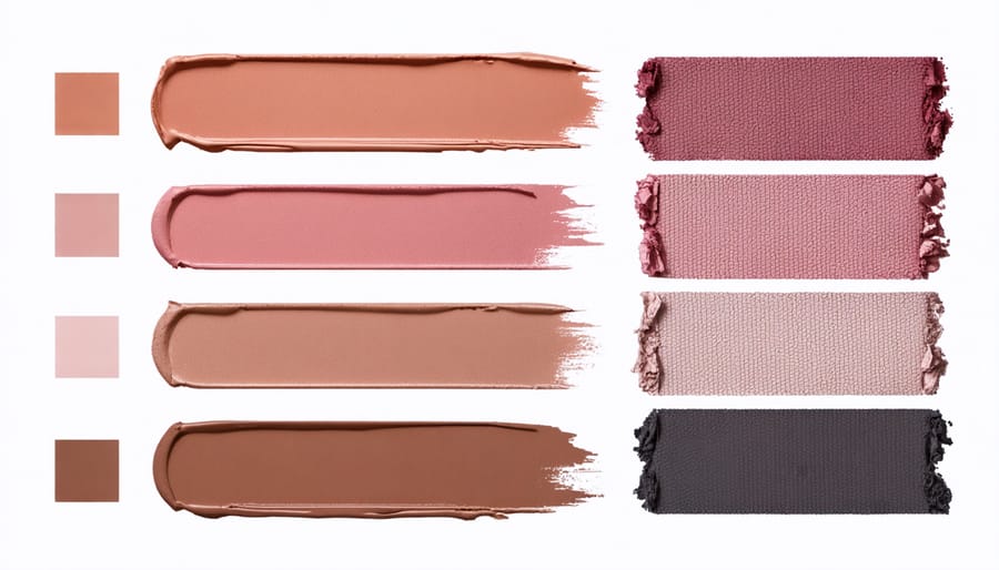 Color coordination between eyeshadow palette and clothing fabric swatches