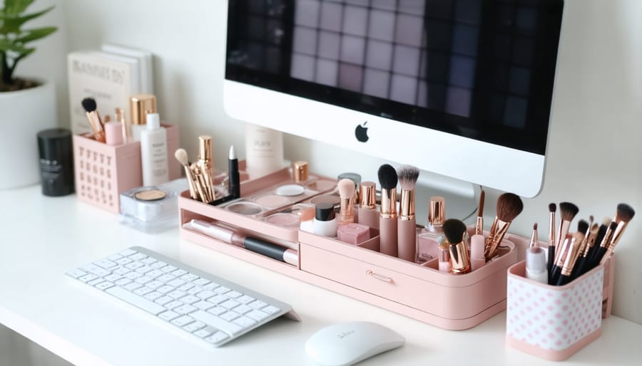 Organized desk workspace with integrated beauty essentials and professional items