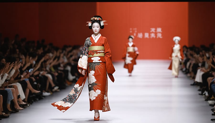 Fashion model wearing a contemporary dress with distinctive kimono-inspired design elements