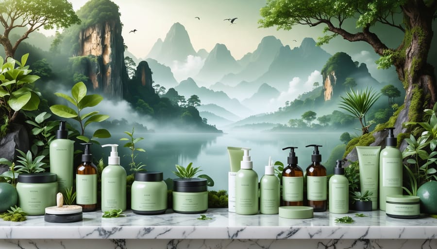 Luxurious beauty desk with sustainable products beside a serene natural landscape, highlighting the harmony of eco-friendly beauty practices and environmental care.