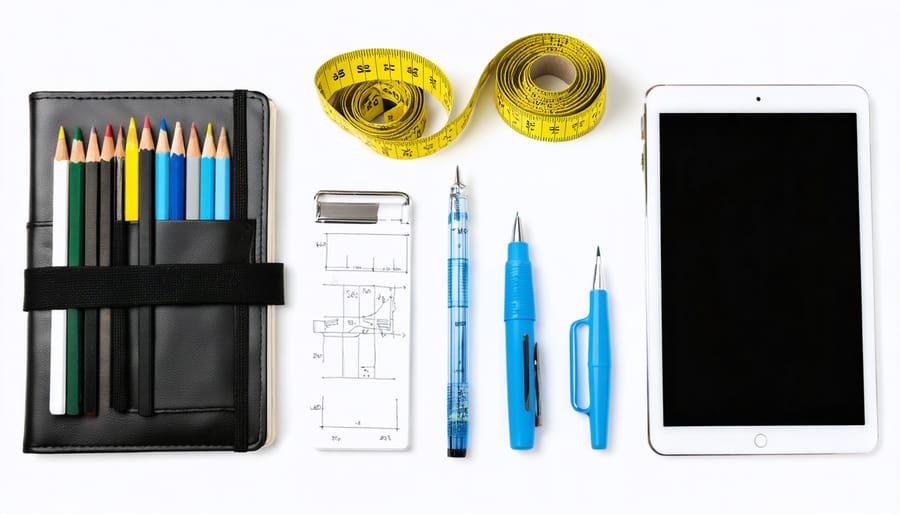 Professional fashion design tools arranged artistically including drawing supplies and digital equipment