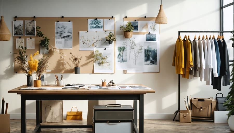 Well-organized fashion studio showing creative organization systems and inspiration displays