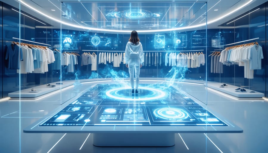 A conceptual image of a futuristic digital fashion studio featuring holographic displays, a digital wardrobe interface on a large screen, and a virtual fitting room, showcasing the integration of fashion and technology.