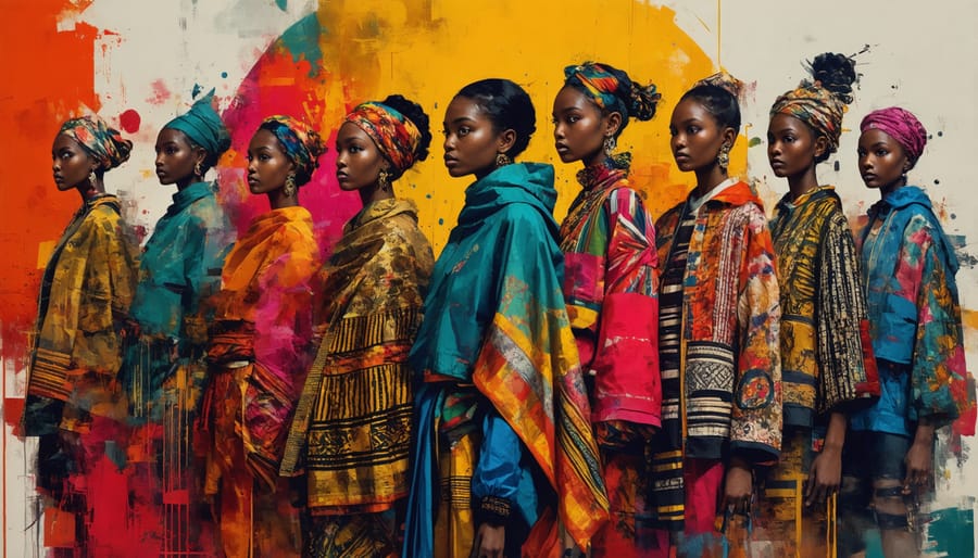 A collage depicting a fusion of various cultural fashion elements, including Indian, African, and Japanese textiles, blended with modern streetwear styles.