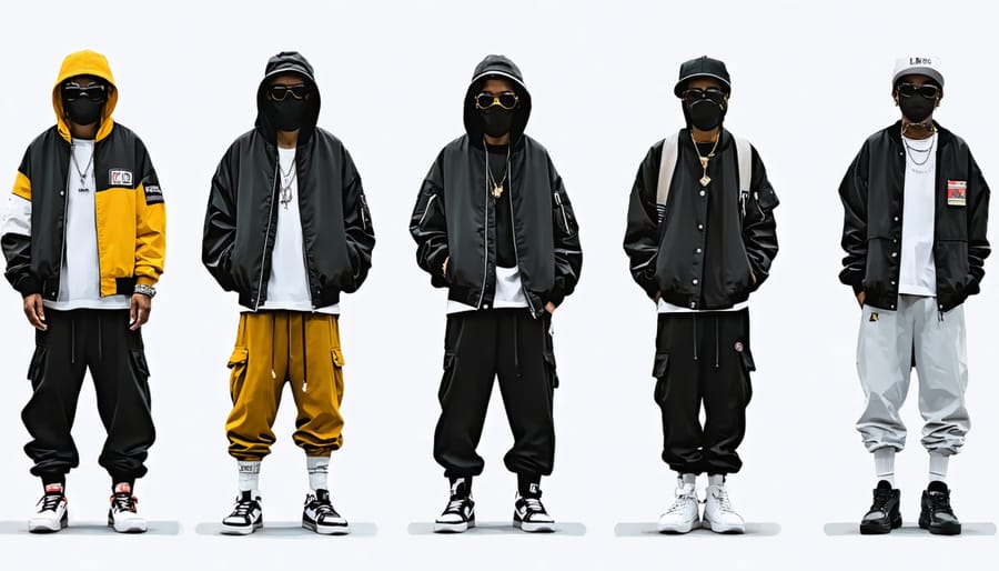 Timeline collage depicting the evolution of hip-hop fashion styles across four decades