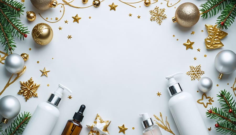 Premium skincare gift set featuring serums, creams, and masks arranged with festive decorations