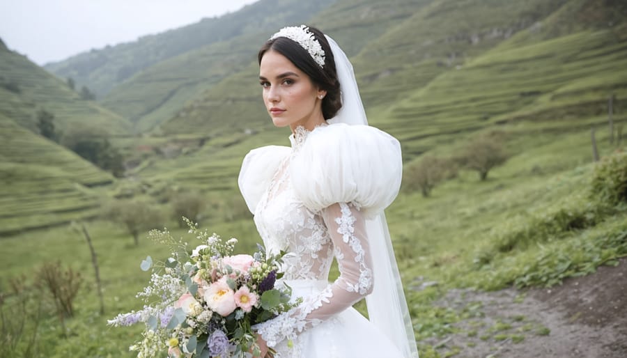 A bride in a sustainable wedding gown with statement puff sleeves, holding a bouquet of pastel flowers, showcasing a modern blend of tradition and eco-conscious flair in a picturesque setting.