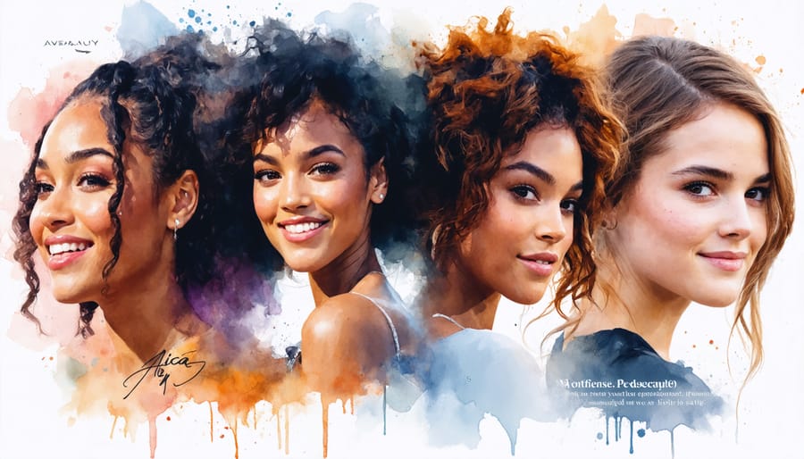 A collage featuring celebrities Alicia Keys, Zendaya, and Emma Watson embracing natural beauty with minimal makeup, set against a soft pastel background with inspirational words.