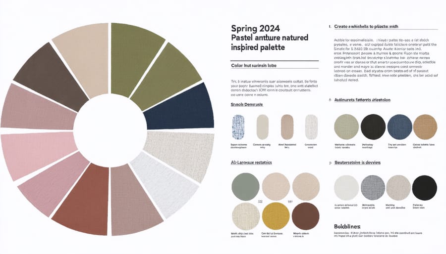 Spring 2024 fashion color wheel featuring soft greens, botanical pinks, and gentle yellows with textile samples