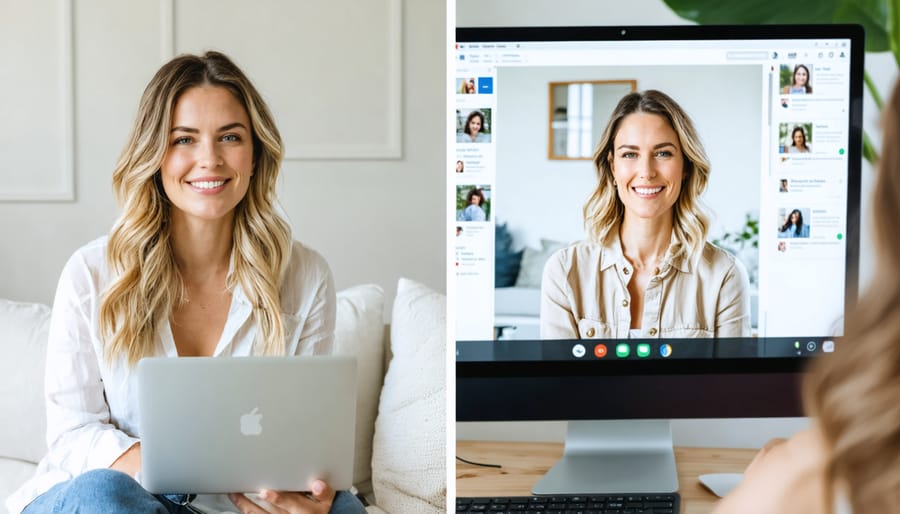 Professional woman wearing stylish loungewear during a video conference call from her home office