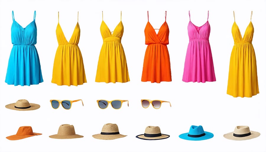 Summer fashion collage displaying bright outfits styled for both beach and urban settings