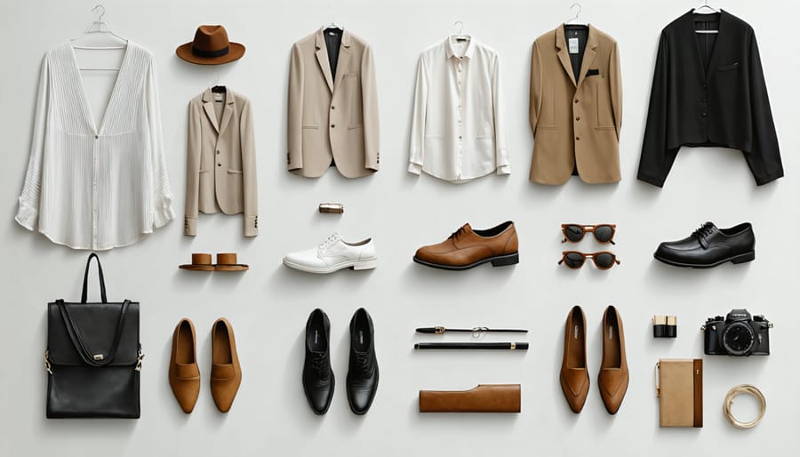 Organized collection of versatile clothing items including blazer, silk scarf, and accessories for day-to-night transitions