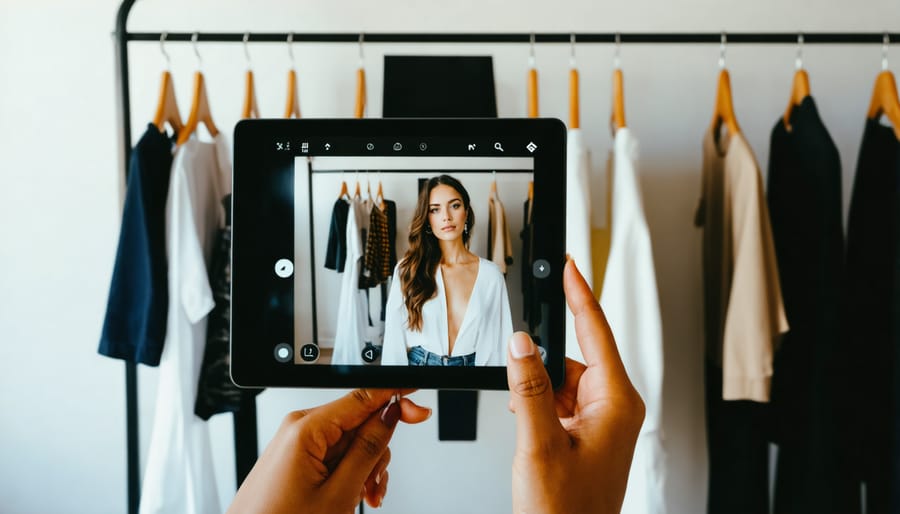 Digital fashion stylist providing virtual styling consultation via video conference