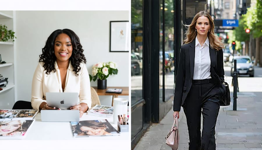 A confident professional woman balancing work and personal life, shown in a split-screen format with a home office video call on one side and a street scene in athleisure-office attire on the other.