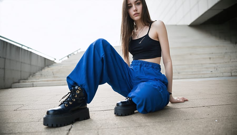 Model demonstrating contemporary Y2K fashion with platform shoes and cargo pants